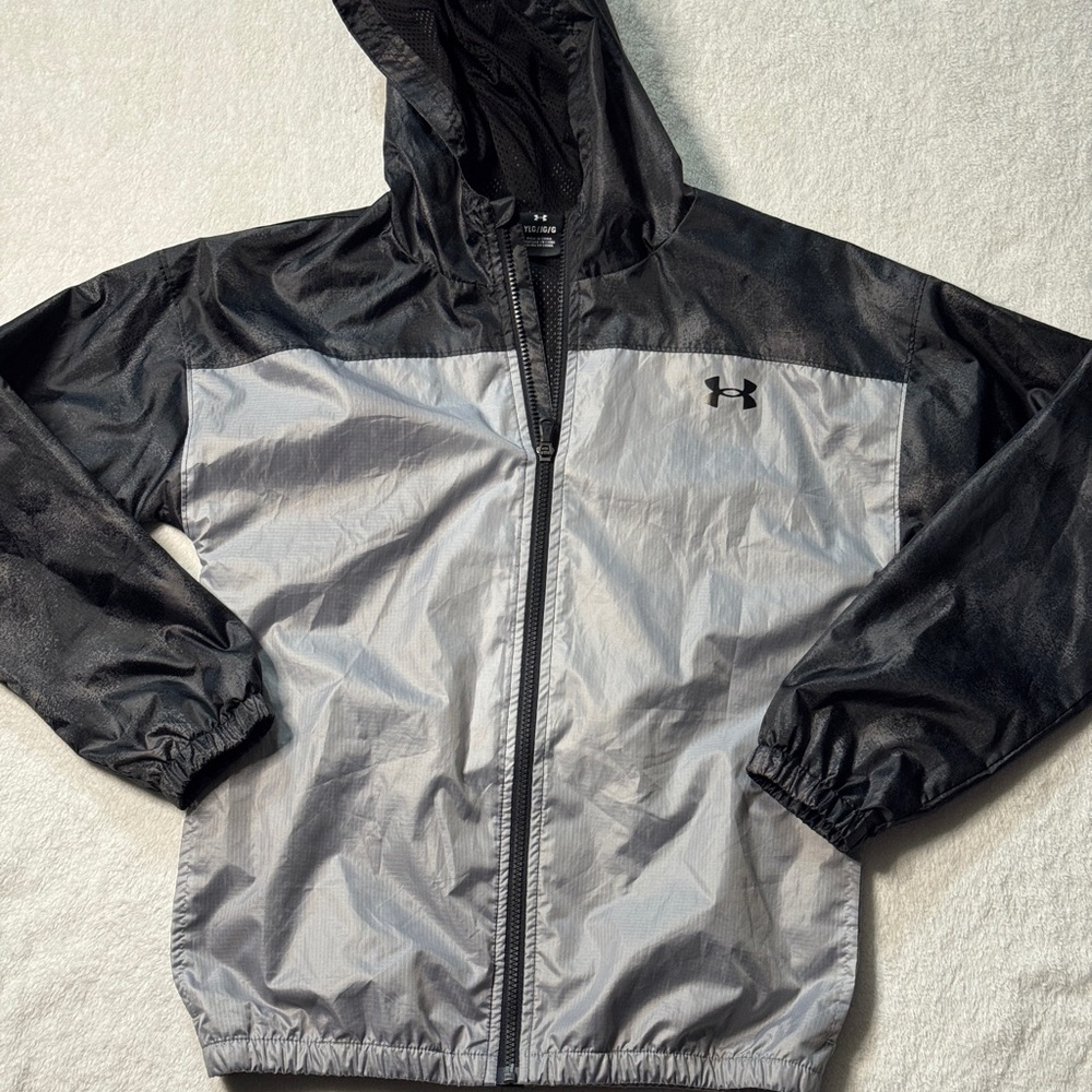 Boys Under Armour Full Zip Hooded Windbreaker Jacket YLG Black Gray - Picture 1 of 4